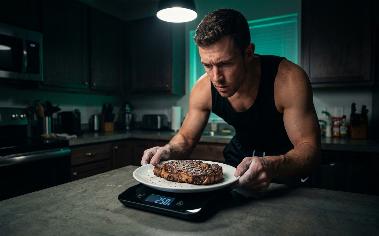 Weighing a protein-rich food portion